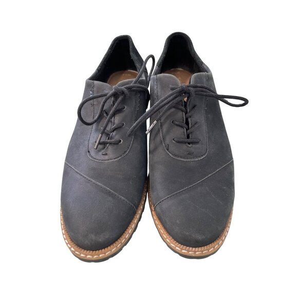Toms Ainsley Lace Up Oxford Shoes Size 7.5 Black Leather Comfort Career Office - Picture 2 of 8